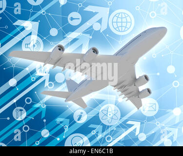 Bottom view of jet with arrows and icons Stock Photo