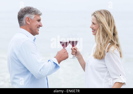Happy couple smiling at each other and toasting Stock Photo