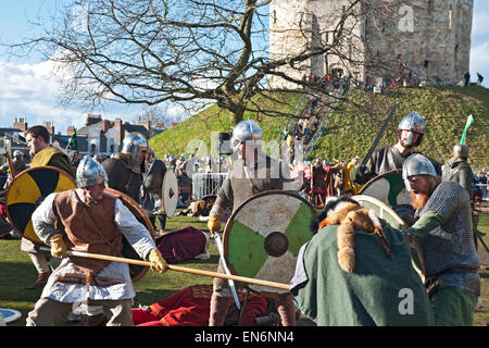 Vikings and Anglo Saxons in combat at the annual Viking Festival near Cliffords Tower York North Yorkshire England UK United Kingdom GB Great Britain Stock Photo