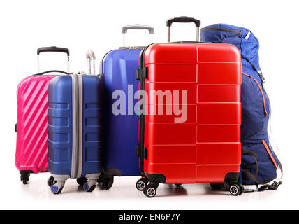 Luggage consisting of large suitcases and rucksack isolated on white. Stock Photo