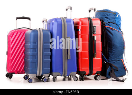 Luggage consisting of large suitcases and rucksack isolated on white. Stock Photo