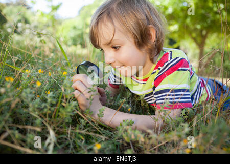 Happy little boy looking through magnifying glass Stock Photo