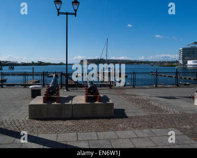 View across Cardiff Bay towards Penarth from Mermaid Quay on lovely spring April day Stock Photo