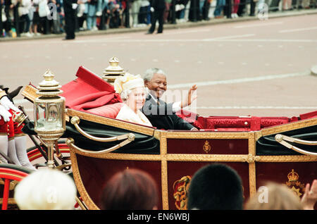 HRH Queen Elizabeth II with South African President Nelson Mandela seen here in the state landau in the Mall during their journey to Buckingham Palace, on the first day of his state visit to the United Kingdom 9th July 1996 Stock Photo