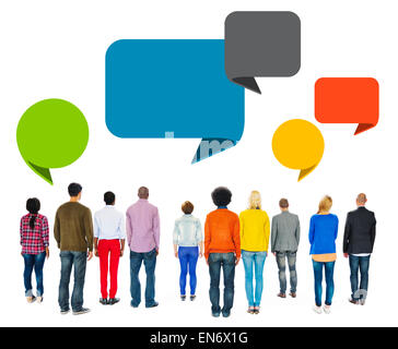 Multiethnic Diverse People Facing Backwards with Speech Bubbles Stock Photo