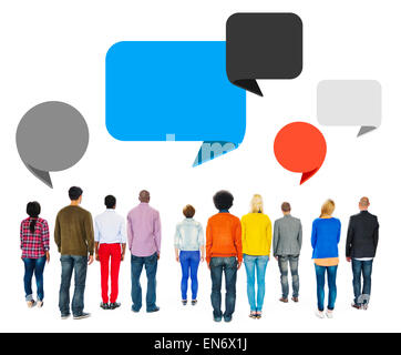 Multiethnic Diverse People Facing Backwards with Speech Bubbles Stock Photo