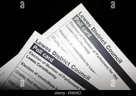 Lewes Constituency Polling cards with voting details for the 7th May UK General Election. Stock Photo