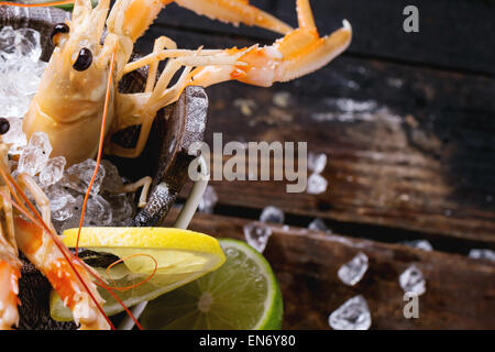 Raw langoustines on ice with herbs and lemon served in wooden bucket over wooden table. Top view Stock Photo