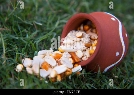Ingredients spilling out of earthen pot Stock Photo