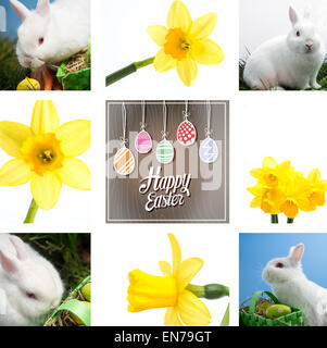 Composite image of white rabbit sitting beside easter eggs in green basket Stock Photo