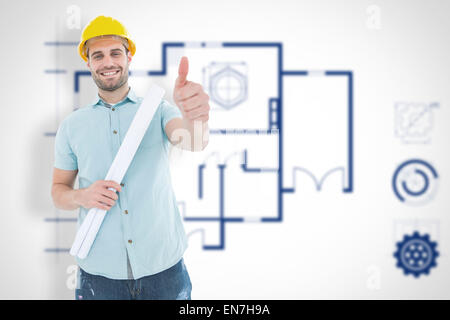 Composite image of male architect with blueprint gesturing thumbs up Stock Photo