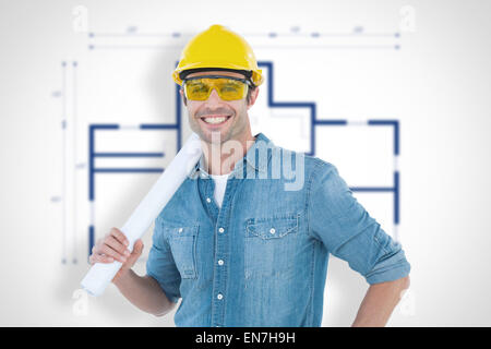 Composite image of architect holding rolled blueprint Stock Photo