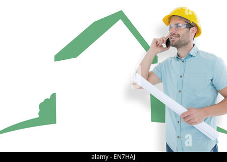 Composite image of male architect with blueprint talking on mobile phone Stock Photo