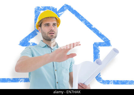 Composite image of architect with blueprint gesturing on white background Stock Photo
