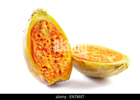 Closeup of a ripe cactus fruit (prickly pear) cut in half,  isolated on white background Stock Photo