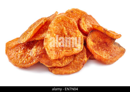 Closeup of a pile of homemade sweet potatoes chips isolated on white background Stock Photo