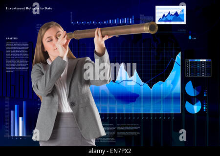 Composite image of businesswoman looking through a telescope Stock Photo