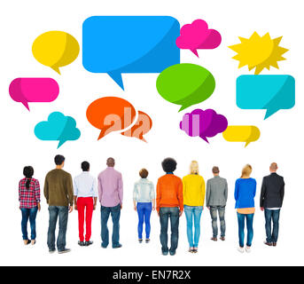 Group of Multiethnic People Facing Backwards with Speech Bubbles Stock Photo