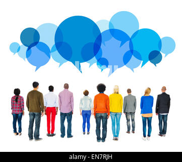 Multiethnic Diverse People Facing Backwards with Speech Bubbles Stock Photo