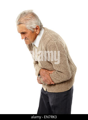 Old man with severe abdominal pain isolated on white Stock Photo