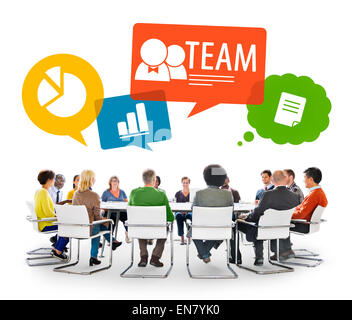 Group of Multiethnic People in a Meeting with Speech Bubbles Stock Photo