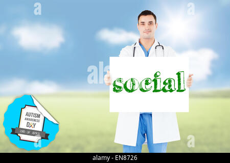 Social against sunny green landscape Stock Photo