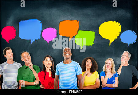 Cheerful and Diverse People Thinking and Speech Bubbles Stock Photo