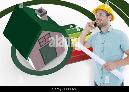 Composite image of male architect with blueprint talking on mobile phone Stock Photo