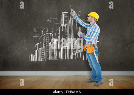 Composite image of construction worker using measure tape Stock Photo