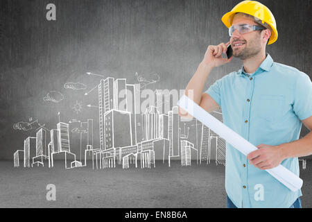 Composite image of male architect with blueprint talking on mobile phone Stock Photo