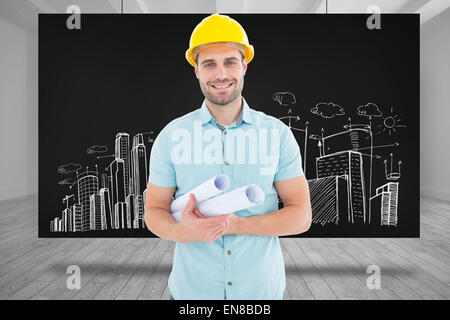Composite image of happy male architect holding blueprints Stock Photo