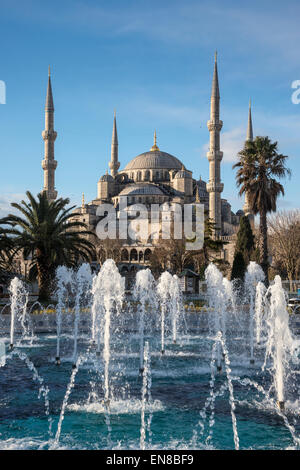 Blue Mosque, Sultan Ahmet Camii, illuminated, night, moon in the sky ...
