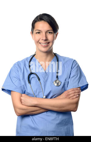 Portrait of a friendly young female physician wearing medical uniform and a stethoscope around the neck while posing with folded