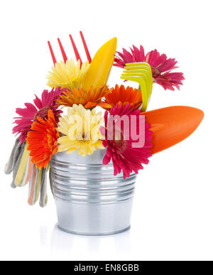 Colorful flowers and garden tools. Isolated on white background Stock Photo