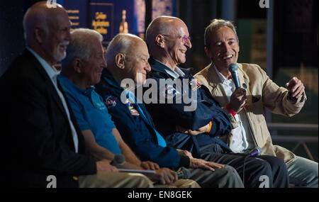 ESA (European Space Agency) astronaut Jean-Francois Clervoy, far right, speaks during a panel discussion as part of an event celebrating the 25th Anniversary of the Hubble Space Telescope, Saturday, April 25, 2015 at the Smithsonian's Steven F. Udvar-Hazy Center in Chantilly, Va.  Clervoy flew aboard space shuttle Discovery on Servicing Mission 3A in 1999. Stock Photo