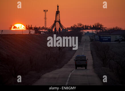 A security van is seen surveying the launch pad area ahead of the Soyuz TMA-16M spacecraft arrival by train, Wednesday, March 25, 2015, Baikonur Cosmodrome, Kazakhstan. NASA Astronaut Scott Kelly, and Russian Cosmonauts Mikhail Kornienko, and Gennady Padalka of the Russian Federal Space Agency (Roscosmos) are scheduled to launch to the International Space Station in the Soyuz TMA-16M spacecraft from the Baikonur Cosmodrome in Kazakhstan March 28, Kazakh time (March 27 Eastern time.) As the one-year crew, Kelly and Kornienko will return to Earth on Soyuz TMA-18M in March 2016.  Photo Credit (NA Stock Photo