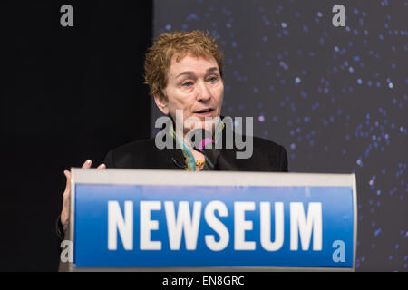 Dr. Kathryn Flanagan, interim director, Space Telescope Science Institute, speaks at the Hubble 25th Anniversary official image debut event on Thursday, April 23, 2015 at the Newseum in Washington, DC. The official image from Hubble's near-infrared Wide Field Camera 3 is of a two million year old cluster of about 3,000 stars called Westerlund 2, named after the astronomer who discovered it in the 1960s. Westerlund 2 is located in the constellation Carina about 20,000 light-years away from Earth.