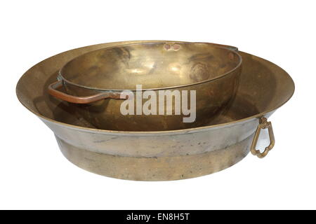 ancient handmade copper pots isolated over white background Stock Photo