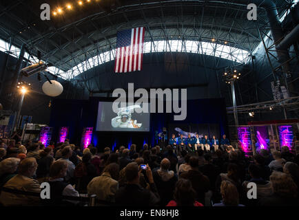 The crew of STS-125, the final Hubble Servicing Mission, participates in a panel discussion as part of an event celebrating the 25th Anniversary of the Hubble Space Telescope, Saturday, April 25, 2015 at the Smithsonian's Steven F. Udvar-Hazy Center in Chantilly, Va. Stock Photo