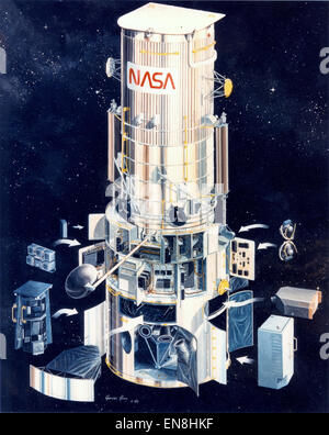 The Hubble Space Telescope is the only NASA spacecraft designed for on-orbit repair and maintenance. The Lockheed Martin Corporation was contracted to build the telescope. This May 1986 concept by Lockheed’s Gordon Raney displays the Orbital Replacement Units, which include instruments, batteries, computers and other essential components in the equipment bays accessible through doors for easier removal and replacement. This illustration shows the immense complexity that made on-obit servicing of Hubble so challenging and illustrates why astronaut training in the Neutral Buoyancy Simulator at N Stock Photo