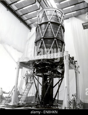 The Hubble Space Telescope OTA, assembled in 1984 at Perkin-Elmer with two hyperbolic mirrors, was transported to California for testing and verification. Stock Photo
