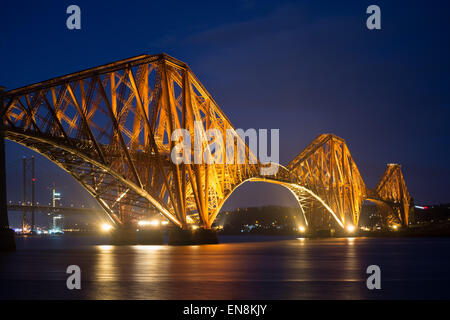 Forth Rail Bridge at night, South Queensferry, Edinburgh, Midlothian, Scotland, United Kingdom Stock Photo