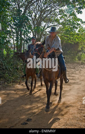 Vertical view of a farmer and his son riding horses in Vinales. Stock Photo