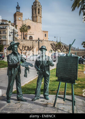 Santiago Rusinol and Ramon Casas statues, Sitges, Spain Stock Photo