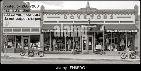 Black & white exterior view of Salida Mountain Sports in downtown historic Salida, Colorado, USA Stock Photo