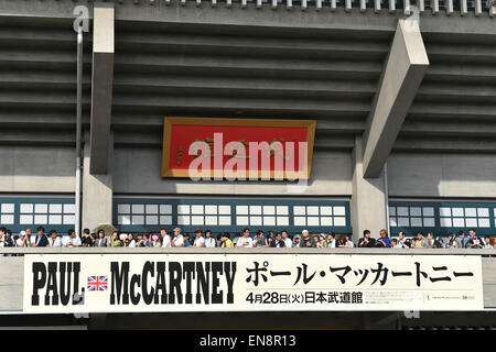 Tokyo, Japan. 28th Apr, 2015. Paul McCartney's fans gather outside the Nippon Budokan before the star's concert. The Nippon Budokan is one of Japan's most famous music venues although it was originally built to host the judo competition at the 1964 Tokyo Olympic Games. The Beatles were the first ever rock group to perform at the venue in 1966 and symbolically it will be Paul McCartney's first performance there since then. © AFLO/Alamy Live News Stock Photo