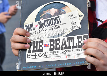 Tokyo, Japan. 28th Apr, 2015. Paul McCartney's fans gather outside the Nippon Budokan before the star's concert. The Nippon Budokan is one of Japan's most famous music venues although it was originally built to host the judo competition at the 1964 Tokyo Olympic Games. The Beatles were the first ever rock group to perform at the venue in 1966 and symbolically it will be Paul McCartney's first performance there since then. © AFLO/Alamy Live News Stock Photo