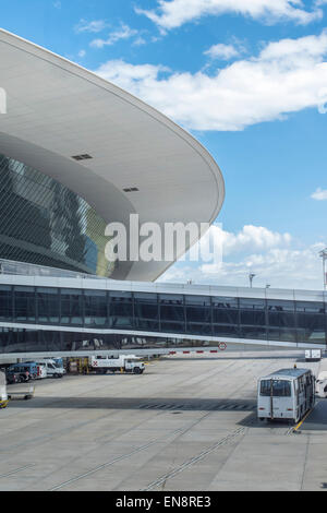 MONTEVIDEO, URUGUAY, MARCH - 2015 - Exterior view of Aeropuerto Internacional de Carrasco, a modern building locate in the outsi Stock Photo
