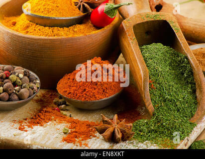 Colorful  spices in spoons. Selective focus Stock Photo
