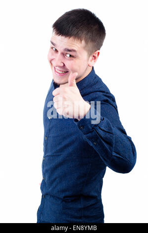 Happy man giving thumbs up sign - portrait on white background Stock Photo
